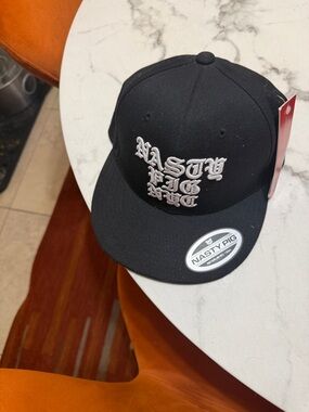 Nasty Pig Black Cap with White Gothic Embroidery